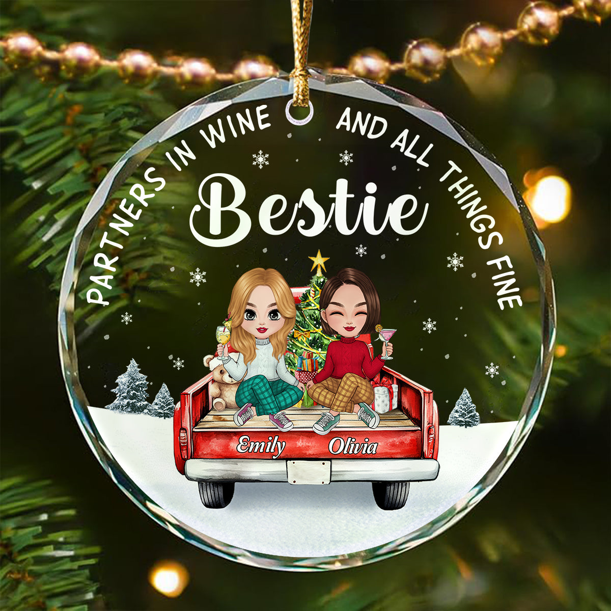 Personalized Bestie Christmas Ornament | Custom Bestie Red Truck Wine Ornament | BFF Holiday Gift