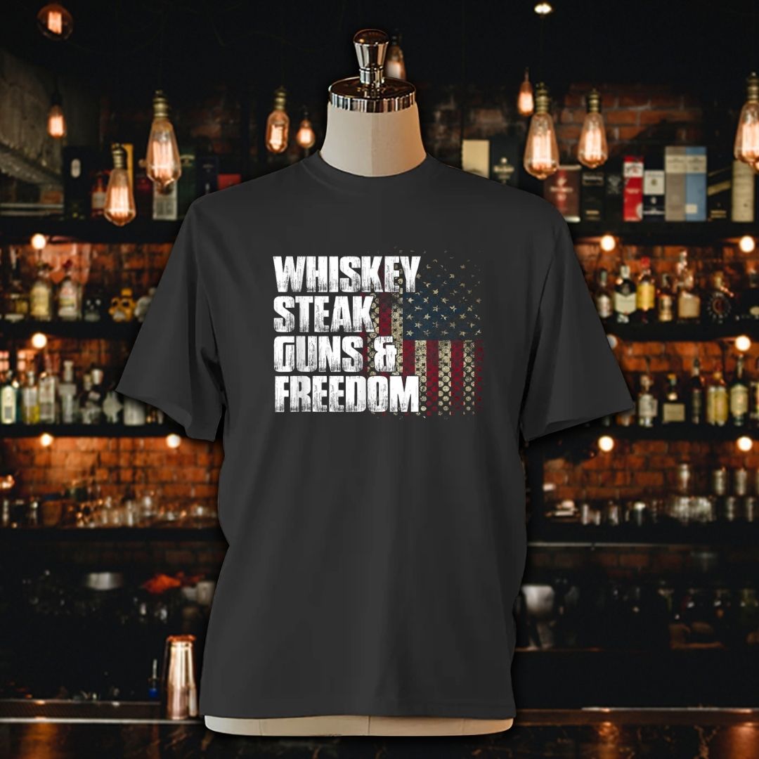 Whiskey Steak Guns' Freedom Patriotic Flag Unisex Jersey Tee