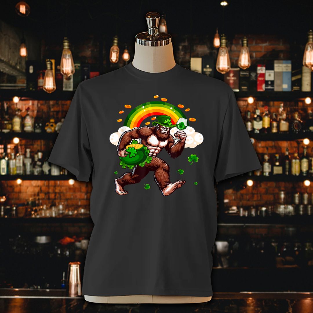 Bigfoot Drinking Wine St. Patrick's Day Unisex Jersey Tee