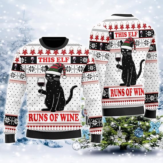 Black Cat Wine Glass Ugly Christmas Sweater