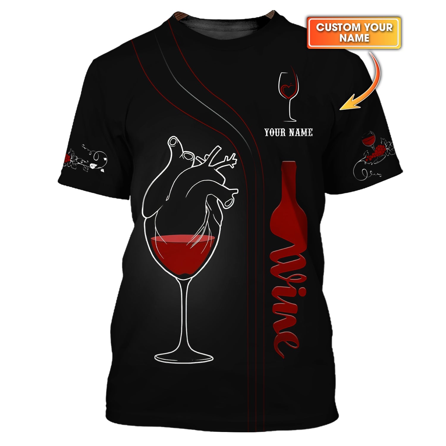 3D Full Print Wine With Heart T-Shirt Personalized Name Gift For Wine Lovers