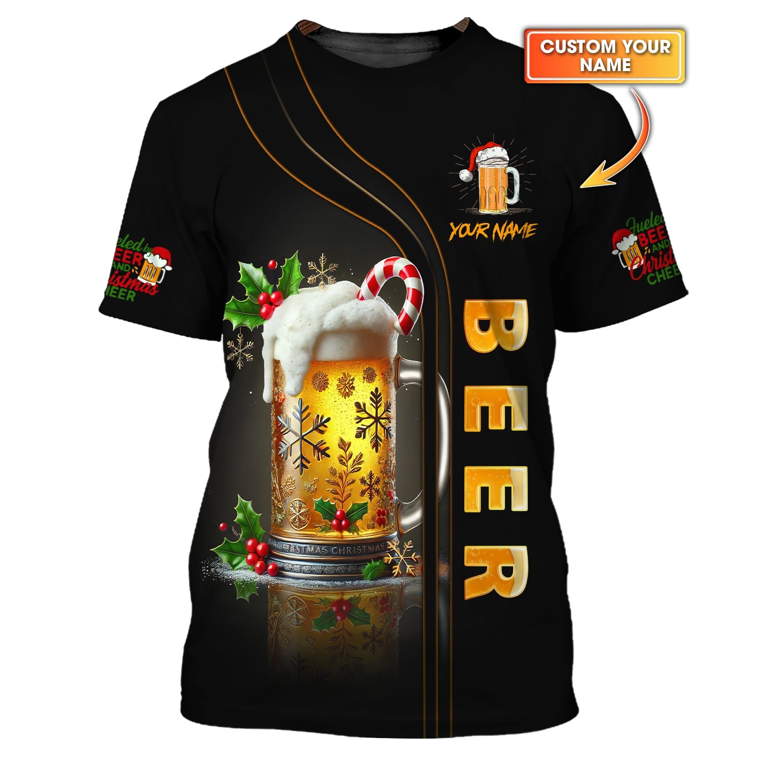 Unisex Christmas Beer Mug T-Shirt Personalized Name T-Shirt for Beer Lovers